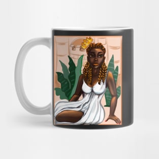 Cleopatra Queen Black is beautiful black woman art with crown, white dress and braids, brown eyes and dark brown skin ! Mug